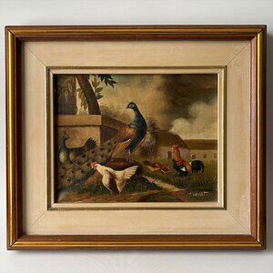 Vintage Oil Painting Peacocks Roosters Rustic landscape Craddock Style Signed